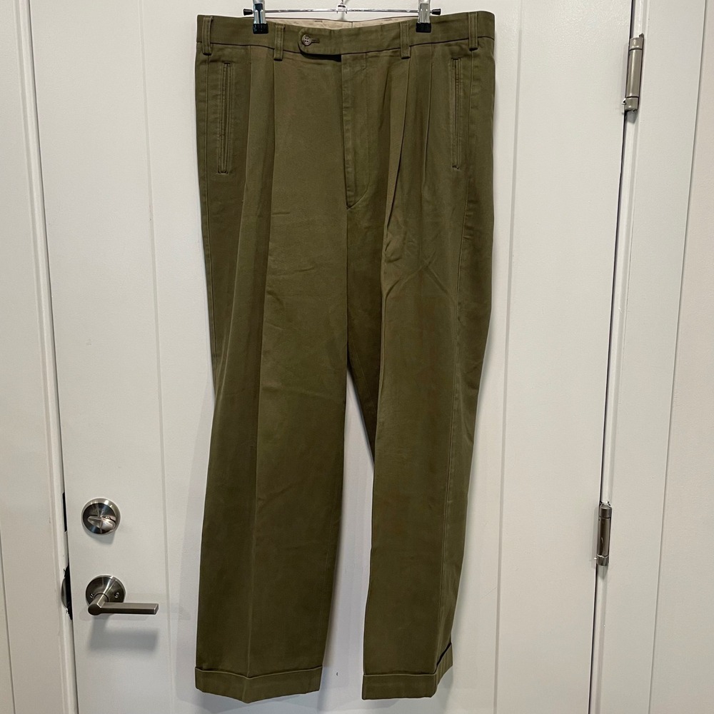 Paul Stuart Mens Pleated Chino Trousers Olive Green Cotton Made in Germany 36x29